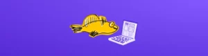 illustration of a yellow fish working on a laptop with a purple background