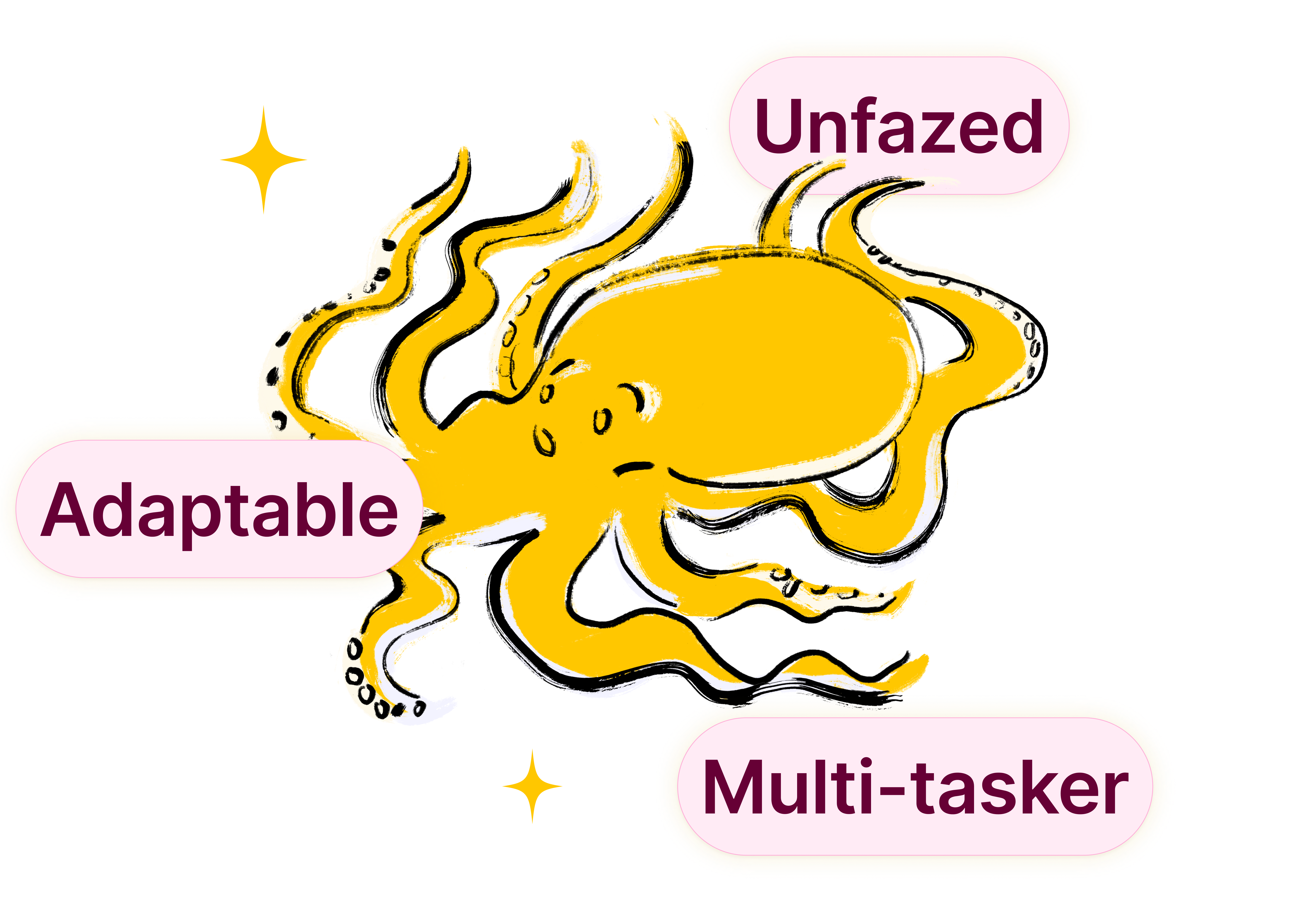 An octopus with three labels: unfazed, adaptable, multi-tasker