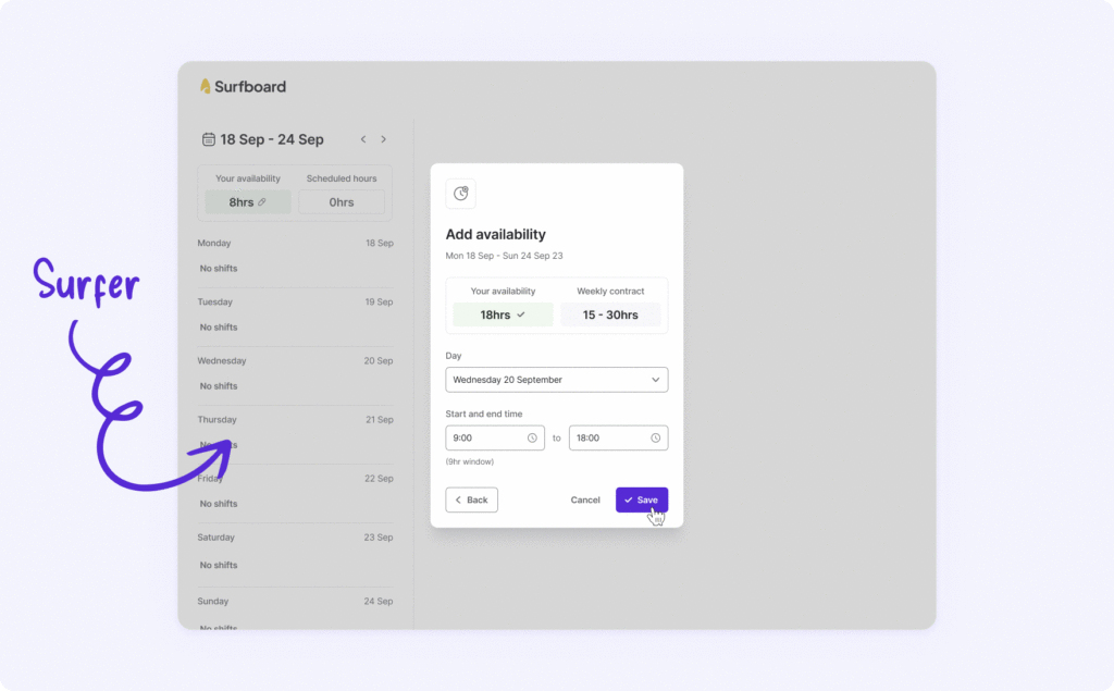 Surfers submit availability and it is instantly synced to Surfboard